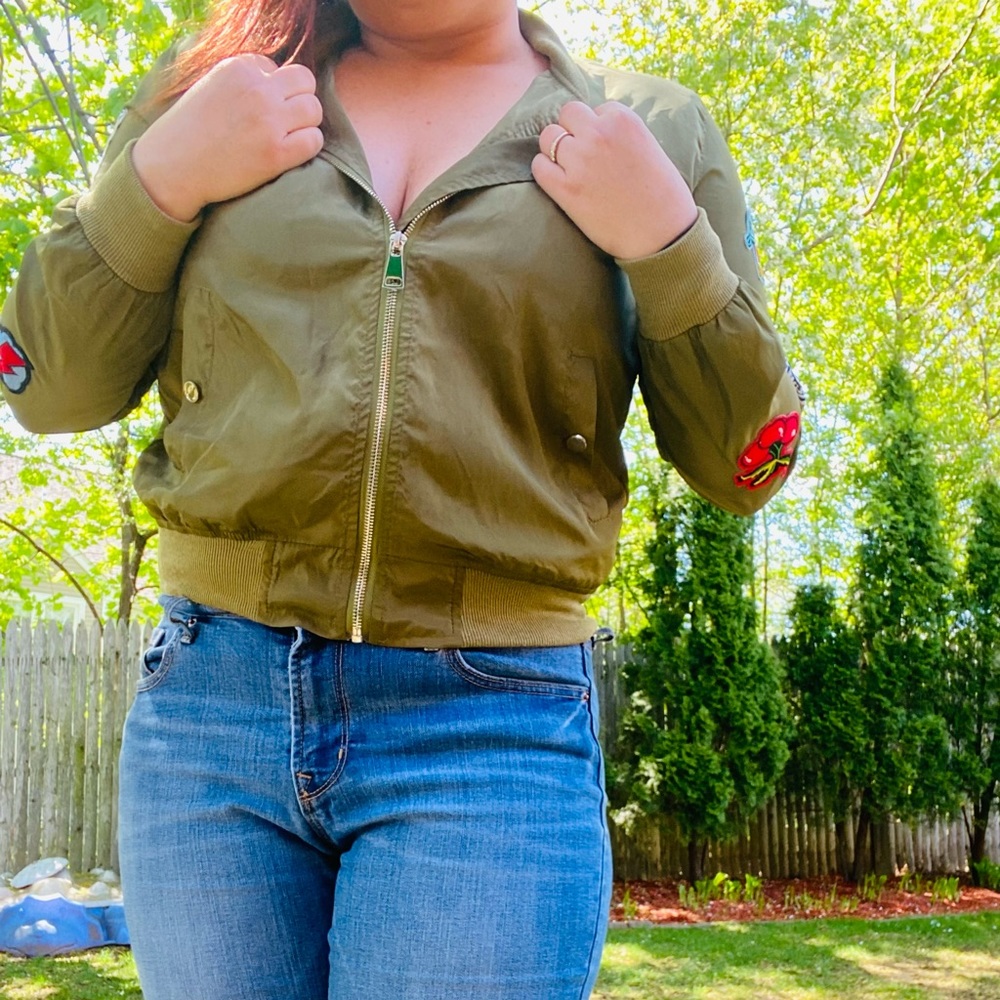 36.5 Womens Bomber Jacket rock and fashion Patches‎ Zip Front Pockets L